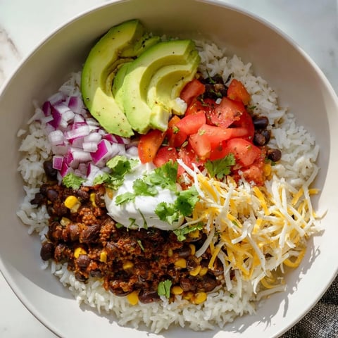 A colorful photo shows a delicious Rice, Bean, and Corn Burrito Bowl with fresh toppings.