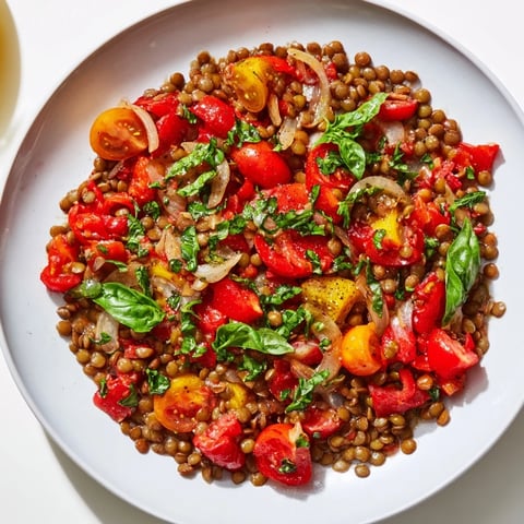 A vibrant, one-pan Lentil-Tomato Skillet showcasing tender lentils and a burst of juicy tomatoes.