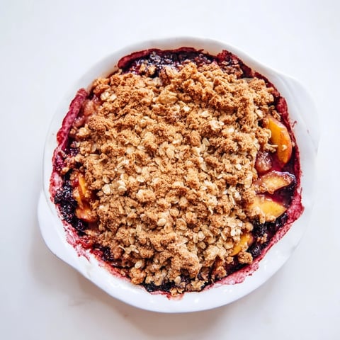 Warm, bubbly fruit crisp with golden oat topping, showing how to make the easy dessert.