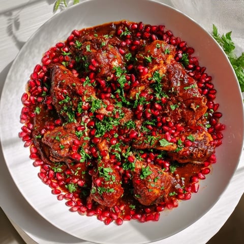 Golden-brown Pomegranate Walnut Fesenjan Stew with tender chicken, ready to be served hot.