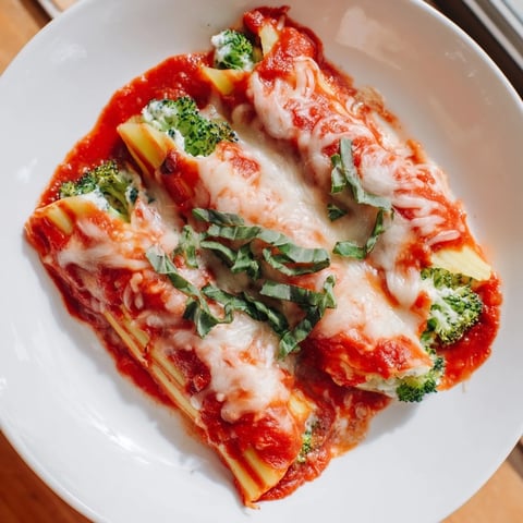 Cozy Broccoli Stuffed Manicotti baked until bubbly, with melted mozzarella and rich tomato sauce visible.