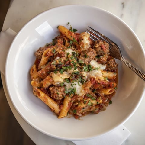 A bubbly, golden-brown Budget Sausage and Cheese Pasta Bake fresh from the oven, ready to serve.
