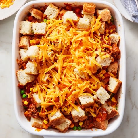 Cheesy, bubbling 5-Ingredient Sloppy Joe Casserole, a family-friendly meal bursting with savory flavors.