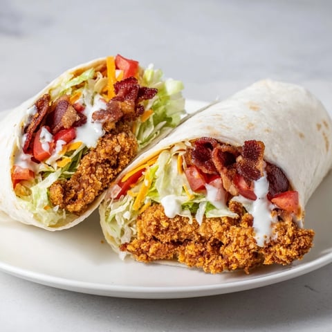 Golden, crispy chicken bacon ranch wrap slices reveal layers of fresh ingredients and creamy ranch dressing.
