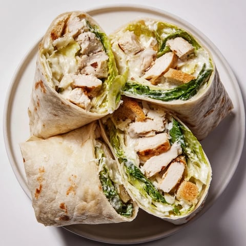 Savory Chicken Caesar Wraps, bursting with creamy dressing, fresh lettuce and tender chicken, ready to eat.