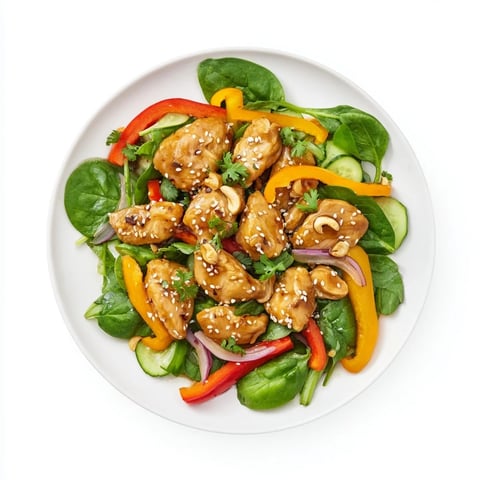 High-Protein Chicken Stir-Fry Salad Bowl with colorful veggies, seen drizzled with sesame-ginger dressing.