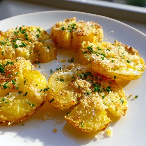 Golden-brown Parmesan smashed potatoes with crispy edges, garlic, and fresh herbs, ready to serve.