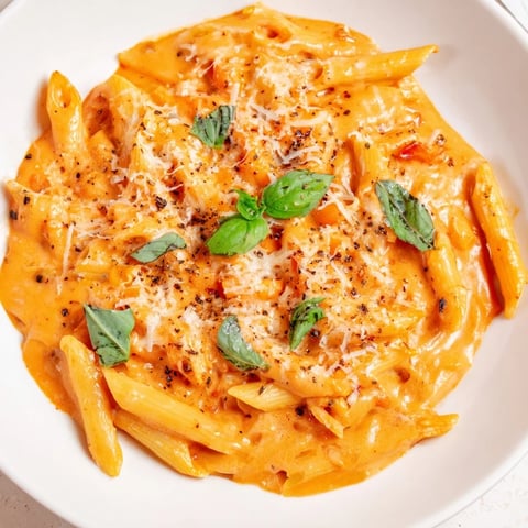Creamy Basil Garlic One-Pot Creamy Tomato Pasta: A close-up showing the finished dish, rich and vibrant.