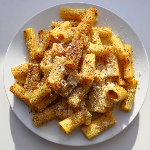 Golden air-fried pasta chips, crispy and seasoned, perfect for an Italian-American snack.