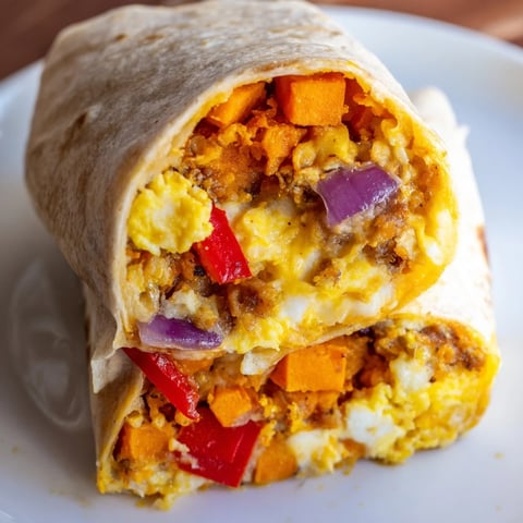 Golden-brown roasted sweet potato breakfast burritos, fully loaded with fluffy eggs and melted cheese.