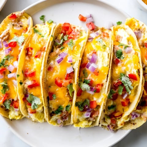 Golden, bubbly Sheet Pan Breakfast Tacos loaded with melted cheese, ready to eat with toppings.