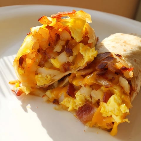 Golden-brown B.E.C. breakfast bites, bursting with cheesy eggs, bacon, and hash browns, ready to eat.