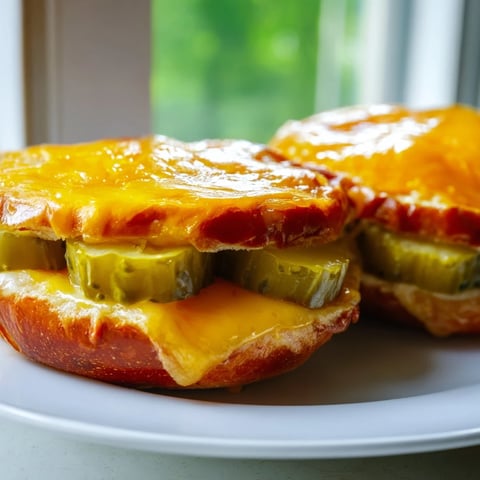 Golden, bubbly pickle bread sandwich with melted cheddar cheese and tangy dill pickles inside.