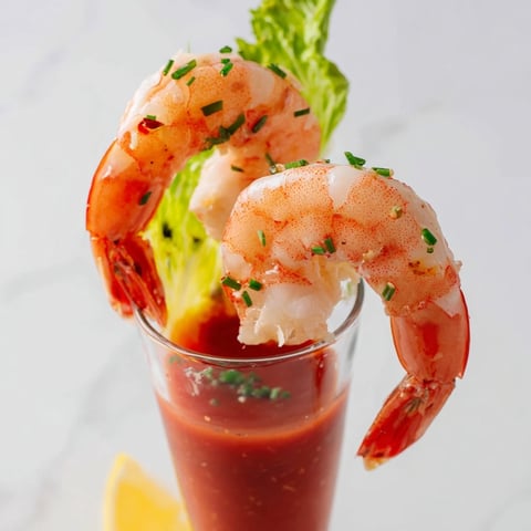 Retro prawn cocktail shooters, succulent shrimp swimming in zesty sauce, ready to serve as a party appetizer.