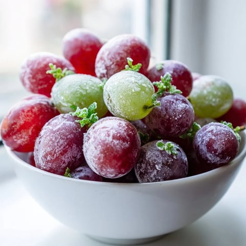 A close-up of Frozen Grapes Spa Treat glistening with frost, served in a white ceramic bowl on a spa towel.
