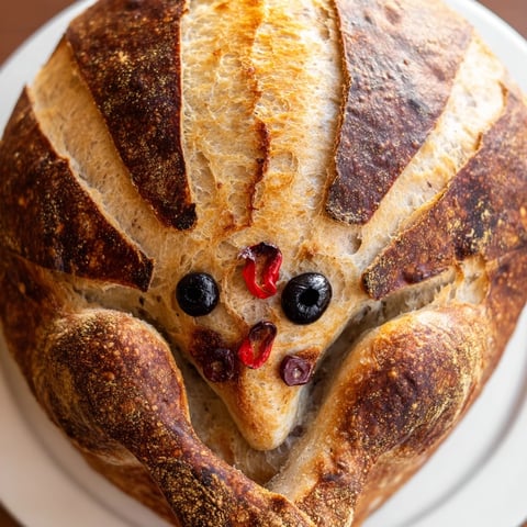 A rustic turkey-shaped sourdough loaf with a golden crust and feathery scoring, presented on a wooden board.