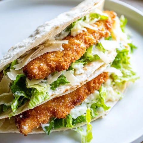 Golden-brown crispy chicken strips nestled in a soft flour tortilla with fresh romaine lettuce, creamy Caesar dressing, and Parmesan cheese for a satisfying lunch or dinner.