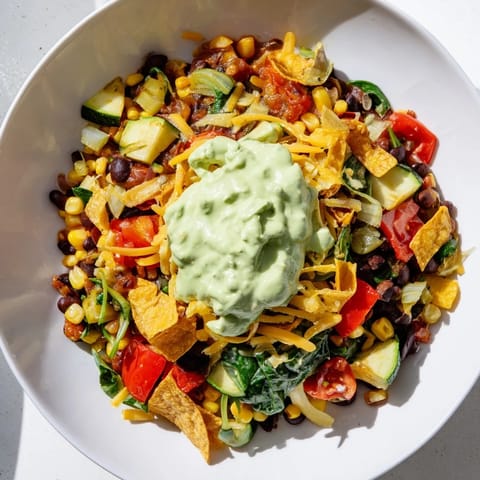 A steaming skillet of vibrant Veggie-Packed Taco Skillet topped with fresh, creamy avocado sauce.