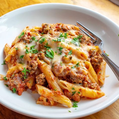 Melting cheese blankets a rich tomato sauce and sausage in this Budget Sausage and Cheese Pasta Bake.