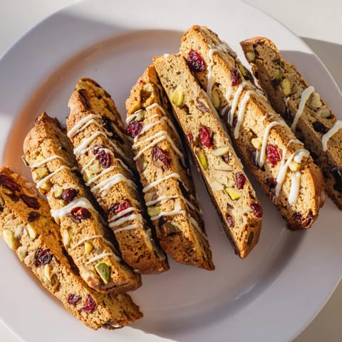 A beautiful close-up of White Chocolate Cranberry Pistachio Biscotti, showing crunchy pistachios and dried cranberries.