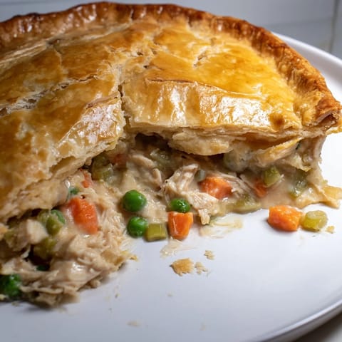 A warm, comforting view of Marry Me Chicken Pot Pie, with a perfectly browned, bubbling filling.