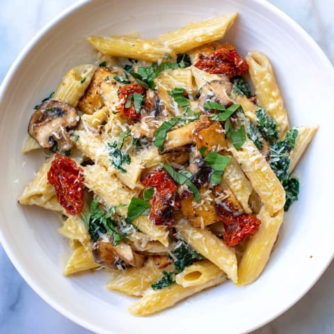 This luscious Creamy Sun-Dried Tomato Mushroom Penne Skillet boasts perfectly cooked penne in a rich cream sauce.