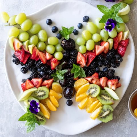 Brightly arranged Butterfly Bloom Fruit Board showcasing sliced kiwis, mangoes, and vibrant berries ready to eat.