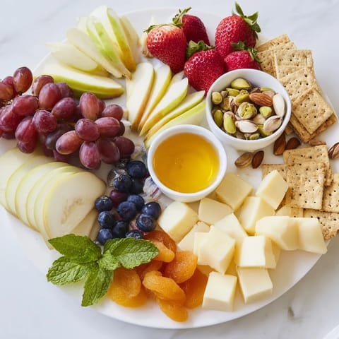 A beautiful Bears Honey Pot Board overflowing with fresh fruits, creamy cheeses, and dipping honey.
