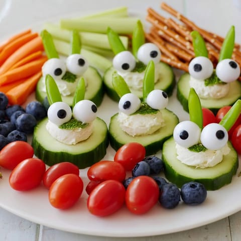 Kid-friendly Frog Pond Snack Tray: creamy cheese frogs on cucumber, surrounded by colorful fruits.