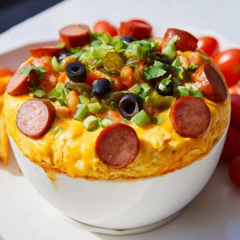 Smoked sausage, fresh veggies, and chips surround a bubbling, spicy Lava Flow Volcano Dip for dipping.