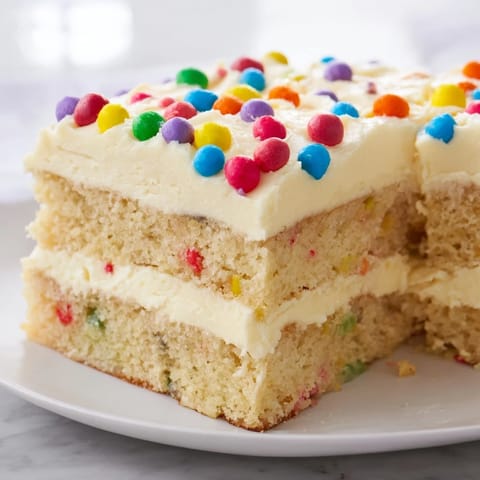This delicious Happy Birthday Cake slice looks moist, with buttercream and cheerful sprinkles.