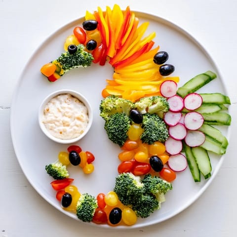 This Seahorse Veggie Dip Platter features colorful bell peppers and crunchy vegetables, beautifully arranged for a kids' party.