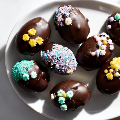 Beautiful close-up of finished Easter candy eggs, drizzled with chocolate and covered in sprinkles.