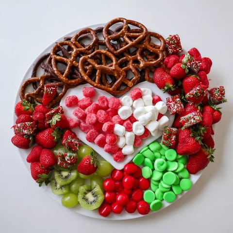 The Grinch's Heart Pretzel Board with pretzels, fruits and candies arranged as a joyful snack board.