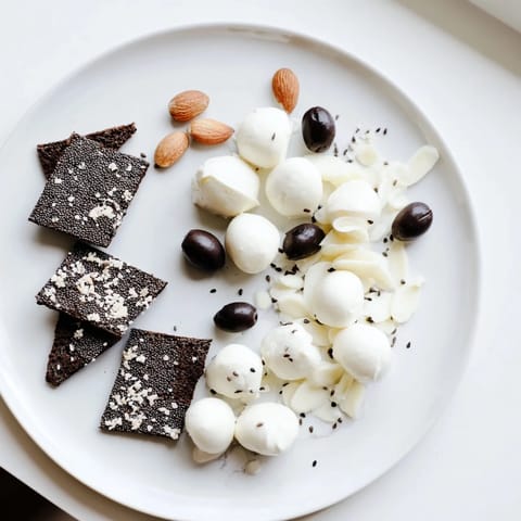 Geometric arrangement of a Black and White Formal Affair, contrasting olives with creamy mozzarella and rye bread.