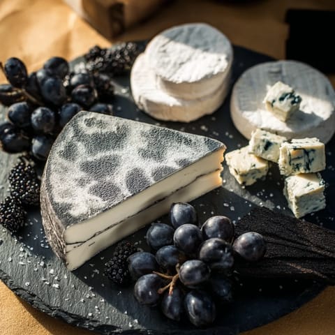 A gorgeous Monochrome Gray Stone Cheese Board, a visually stunning appetizer ready for serving to guests.