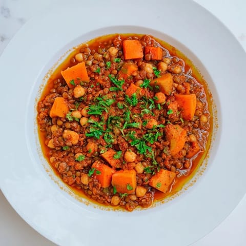 Savory Middle Eastern lentil and chickpea stew, a vegan delight simmering with aromatic spices, ready to serve.