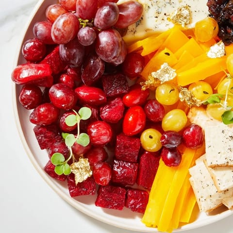 Vibrant arrangement of a Crimson & Gold Gala: featuring contrasting reds and golds for an elegant cheese board.