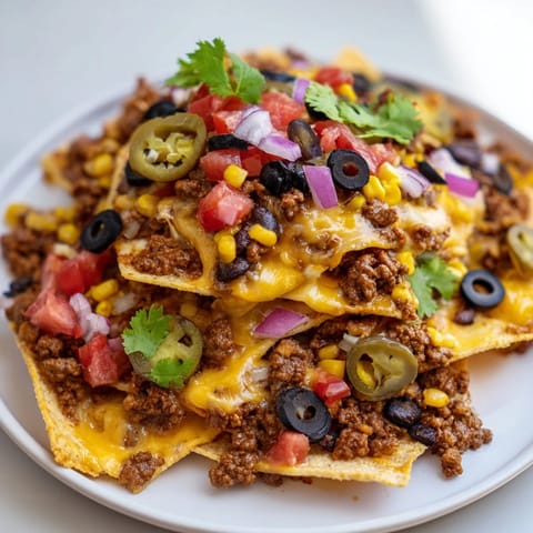 A delicious tray of Easy Sheet-Pan Nachos, featuring crispy chips, seasoned beef, and cool toppings.