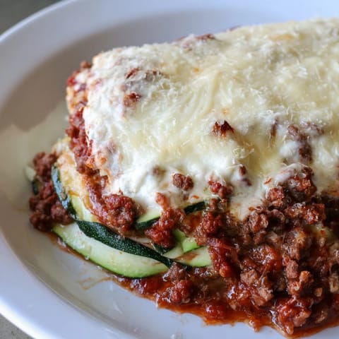 This low-carb Zucchini Lasagna Skillet shows off layers of zucchini, ground beef, and cheesy goodness.