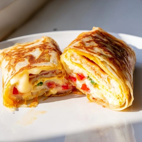 A freshly cooked Rice Paper Egg Cheese Wrap with golden, bubbly edges and a cheesy, egg-filled center.