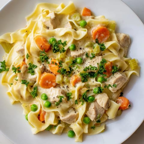 Savory Creamy Chicken and Egg Noodles, topped with fresh parsley, offering a hearty, home-cooked meal.