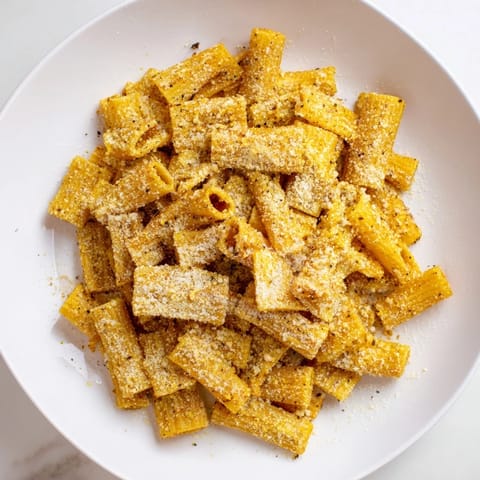 Close-up of Parmesan-sprinkled pasta chips, a delicious and easy appetizer with the recipe.