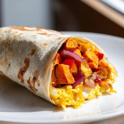 Warm, cheesy sweet potato breakfast burritos, perfectly wrapped and ready for a satisfying morning meal.