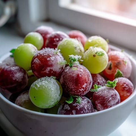 Frozen Grapes Spa Treat arranged in a glass jar as ice cubes in sparkling water with fresh mint.