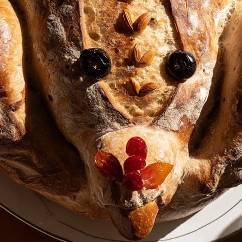 Festive artisan turkey sourdough bread, complete with olive eyes and a red wattle, ready for a holiday table.