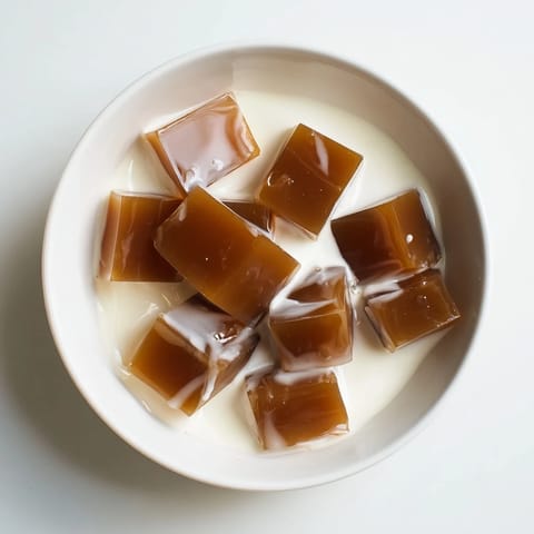 Refreshingly layered Coffee Jelly Dessert served in a clear glass, showcasing silky coffee gelatin cubes topped with fluffy vanilla-sweetened cream.
