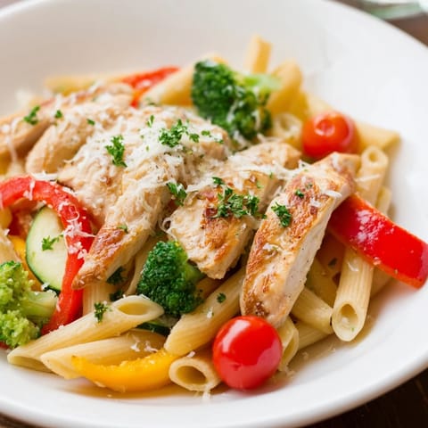 A close-up of Garlic Herb Chicken & Veg Pasta shows steam rising, parsley, and melted Parmesan cheese on top.