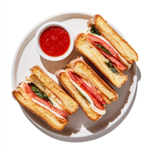 Caprese Grilled Cheese Dippers on a rustic board, surrounded by fresh basil leaves and a small bowl of marinara.  