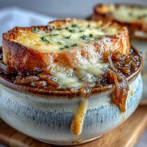 Steaming Classic French Onion Soup with deeply caramelized onions and a thick, melted Gruyère cheese crust.